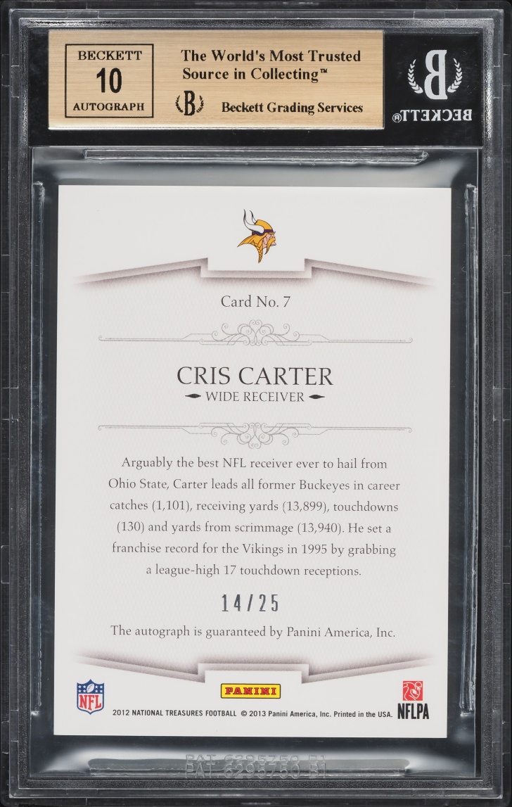 2012 National Treasures NFL Greatest Signatures Cris Carter AUTO /25 #7 BGS 9.5 GEM MINT - Photo 2