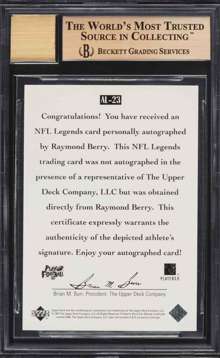 1997 Upper Deck Legends Raymond Berry AUTO #AL-23 BGS 9.5 GEM MINT - Photo 2