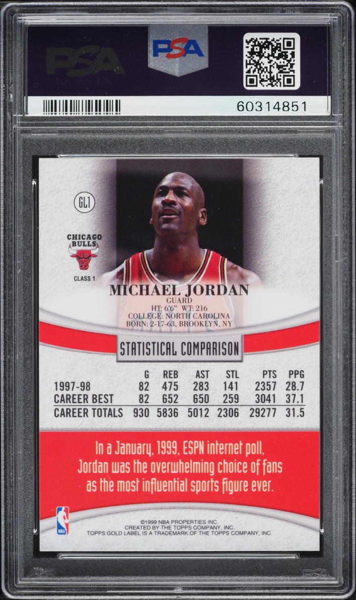 1998 Topps Gold Label Michael Jordan #GL1 PSA 9 MINT - Photo 2