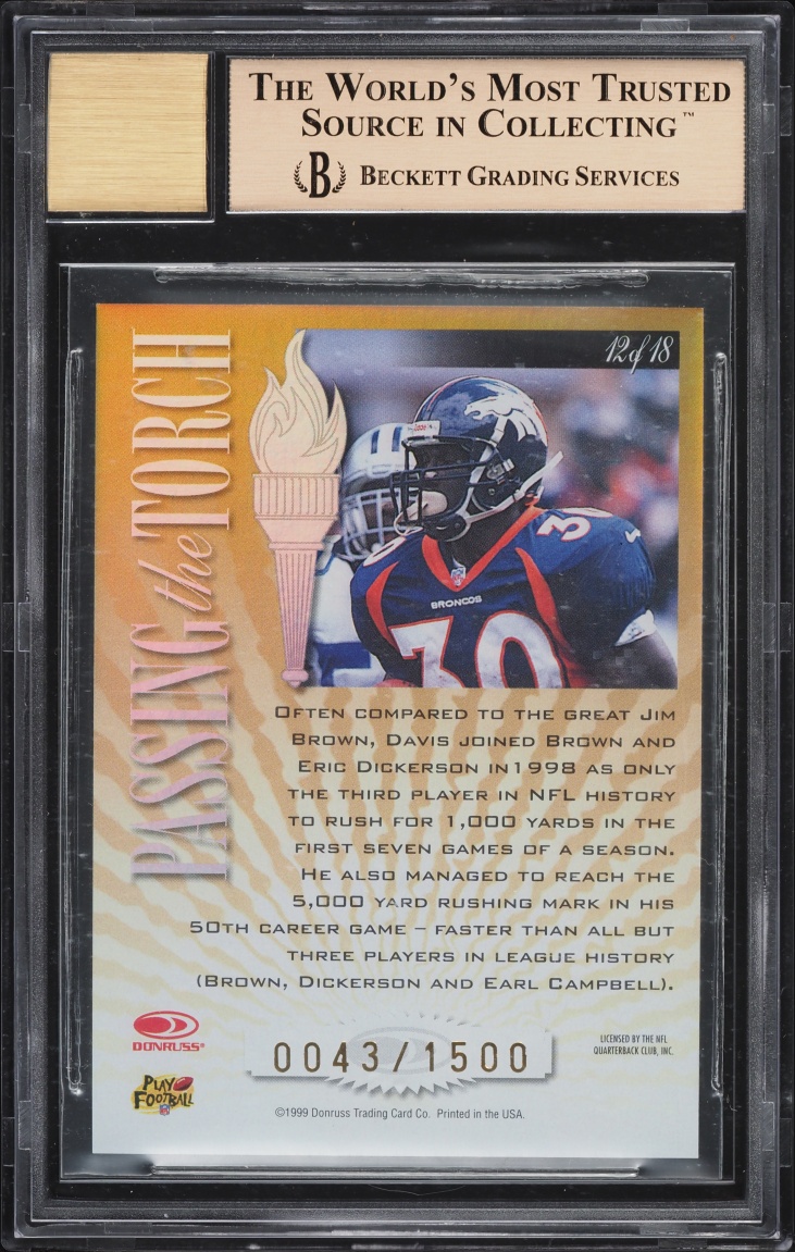 1999 Donruss Elite Passing The Torch Terrell Davis AUTO /1500 #12 BGS 9.5 GEM MINT - Photo 2