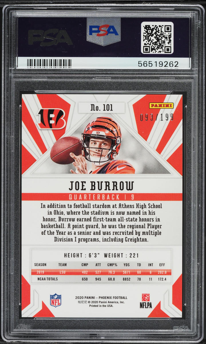 2020 Panini Phoenix Pink Joe Burrow ROOKIE /199 #101 PSA 9 MINT