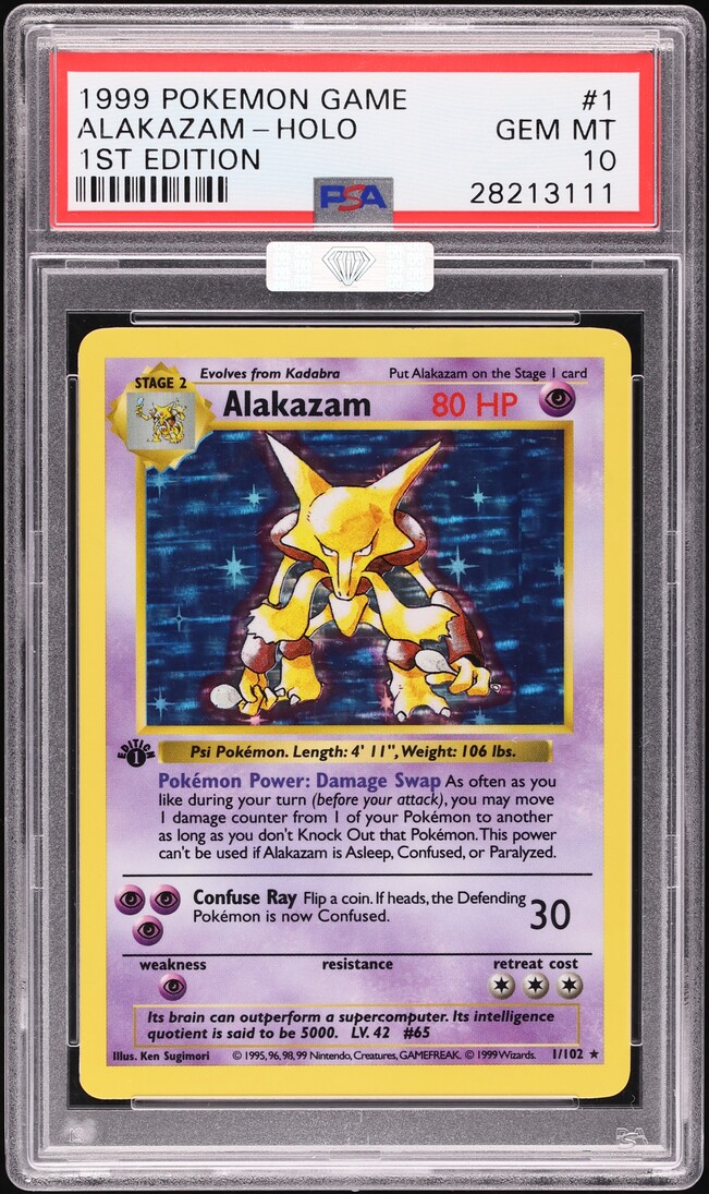 1999 Pokemon Base Set Shadowless 1st Edition Holo Alakazam #1 MBA PSA 10 GEM