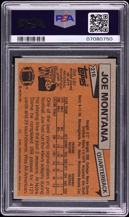 1981 Topps Football Joe Montana ROOKIE #216 PSA 10 GEM MINT