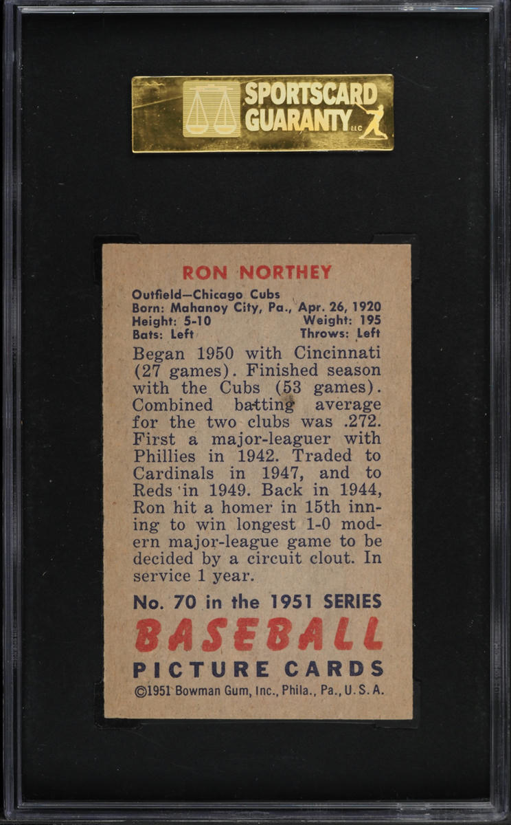 1951 Bowman Ron Northey #70 SGC 8 NM-MT