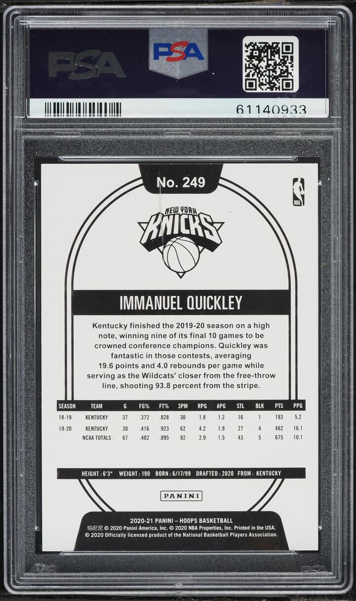 2020 Hoops Immanuel Quickley ROOKIE #249 PSA 10 GEM MINT