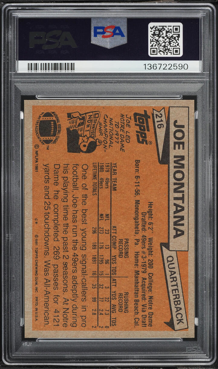 1981 Topps Football Joe Montana ROOKIE #216 PSA 5 EX