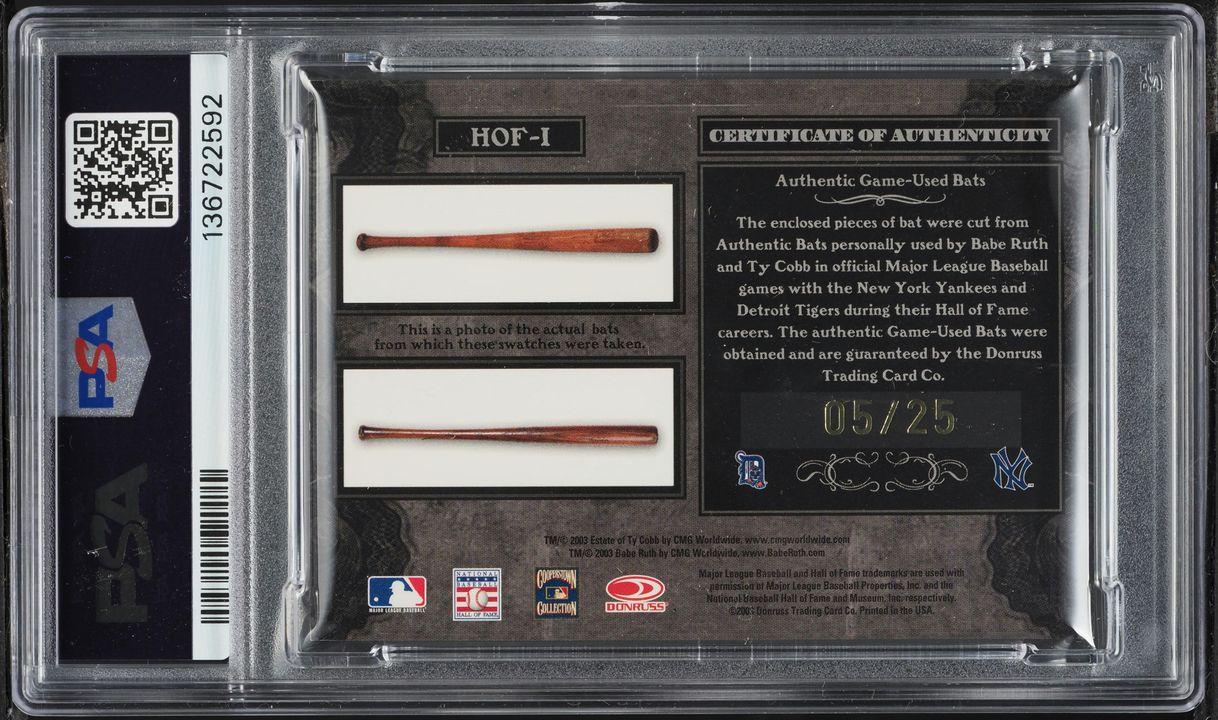 2003 Donruss Timeless Treasures H.O.F. Induction Year Babe Ruth Ty Cobb RELIC /25 #HOF-1 PSA 7