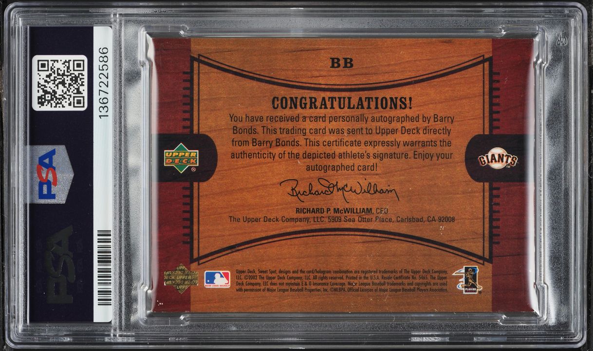 2002 Upper Deck Sweet Spot Signatures Barry Bonds AUTO /380 #BB PSA 6 EXMT