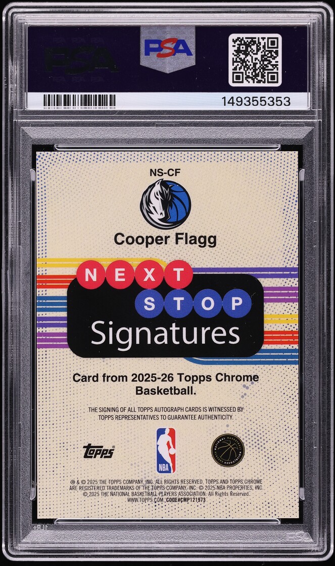 2025 Topps Chrome Sapphire Next Stop Gold Cooper Flagg ROOKIE AUTO DNA 10 /50 #NS-CF PSA 9 MINT