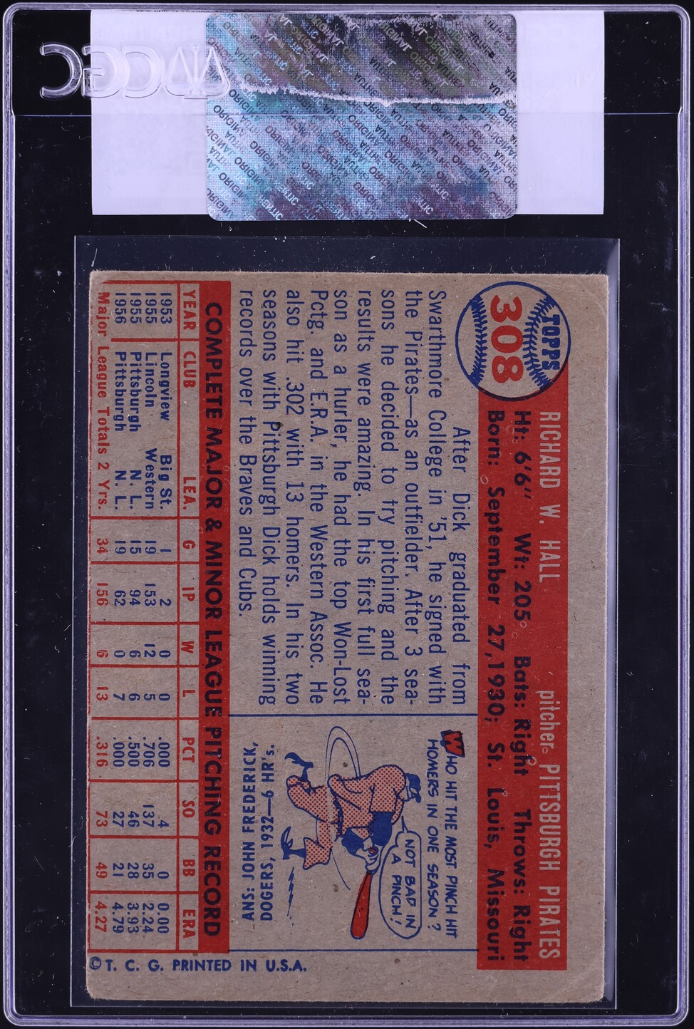 1957 Topps Dick Hall #308 CGC AUTH
