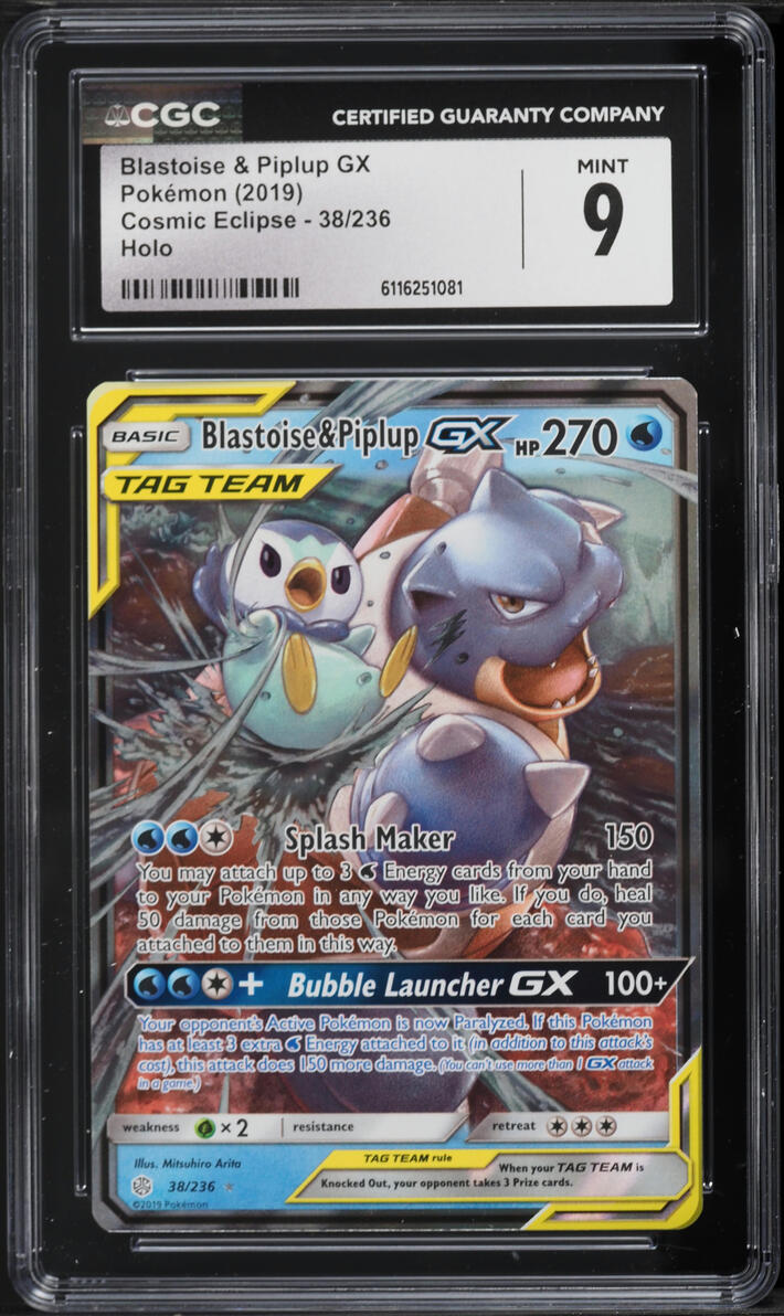 2019 Pokemon Sun & Moon Cosmic Eclipse Holo Blastoise & Piplup GX #38 CGC 9 MINT