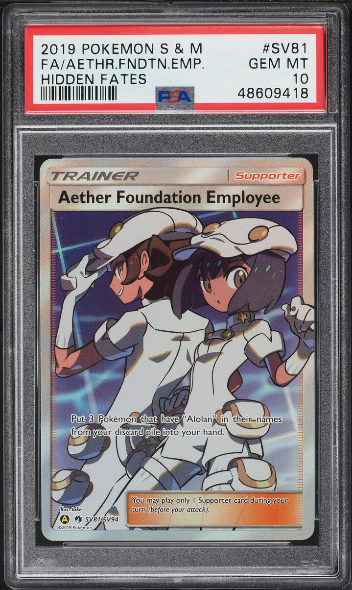2019 Pokemon Sun & Moon Hidden Fates Full Art Aether Foundation Employee #SV81 PSA 10 GEM MINT