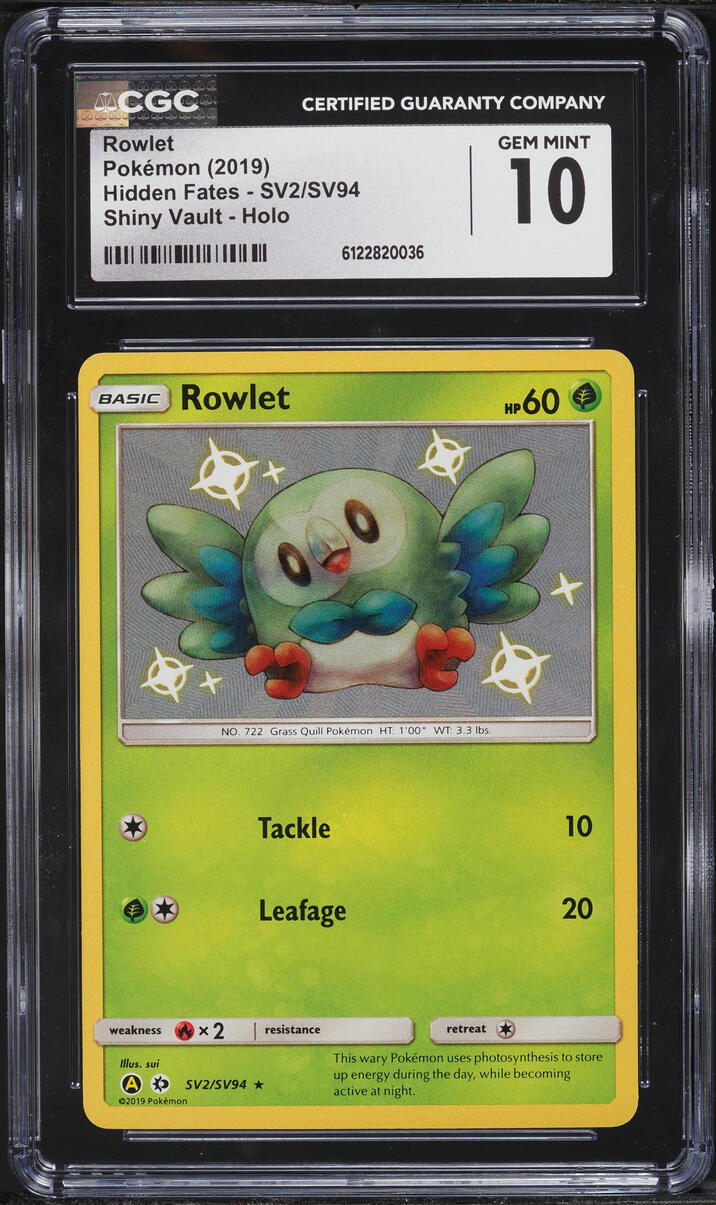 2019 Pokemon Sun & Moon Hidden Fates Shiny Rowlet #SV2 CGC 10 GEM MINT