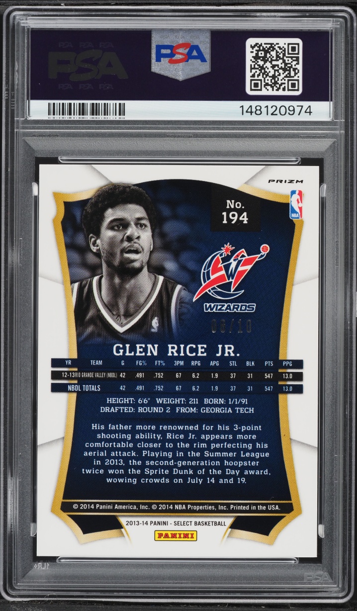 2013 Select Gold Prizm Glen Rice Jr. ROOKIE /10 #194 PSA 9 MINT