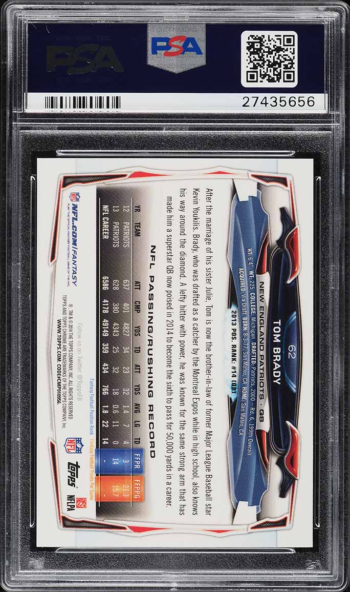 2014 Topps Chrome Green Refractor Tom Brady #62 PSA 10 GEM MINT - Photo 2