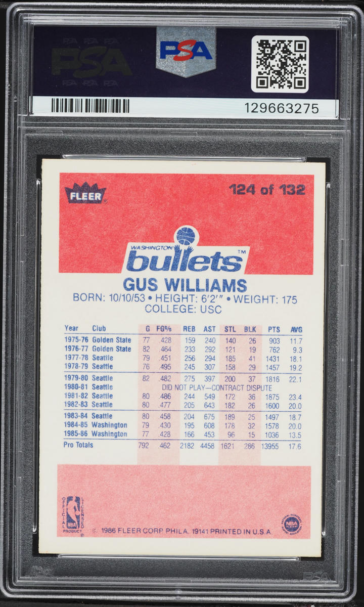 1986 Fleer Basketball Gus Williams #124 PSA 7 NRMT