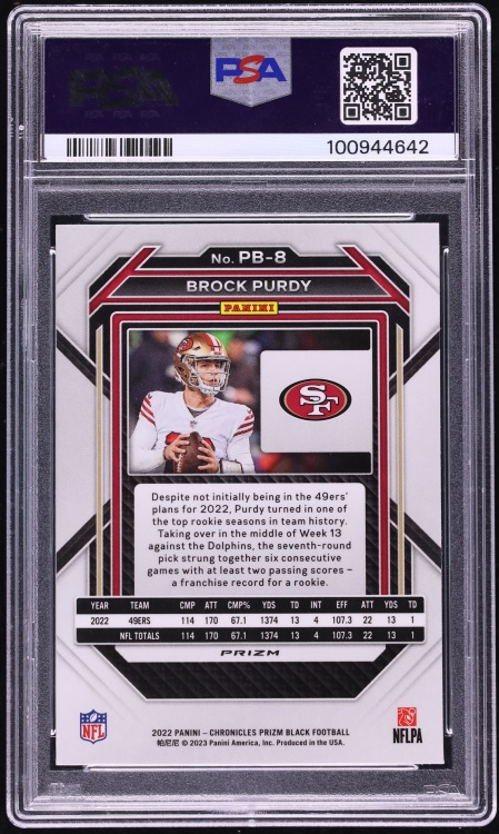 2022 Panini Chronicles Prizm Black Silver Brock Purdy ROOKIE #PB-8 PSA 10 GEM MINT
