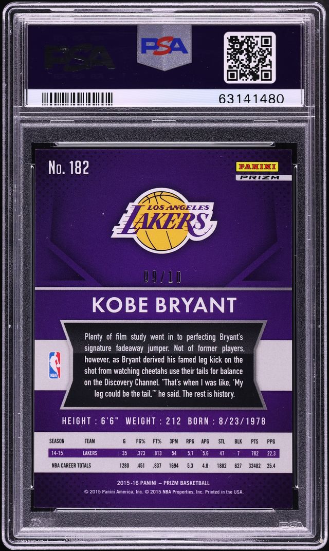 2015 Panini Prizm Gold Kobe Bryant /10 #182 PSA 10 GEM MINT - Photo 2