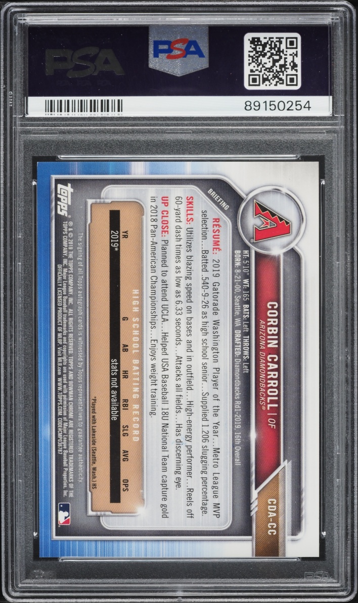 2019 Bowman Chrome Draft Blue Wave Refractor Corbin Carroll PROSPECT AUTO /150 PSA 9 MINT