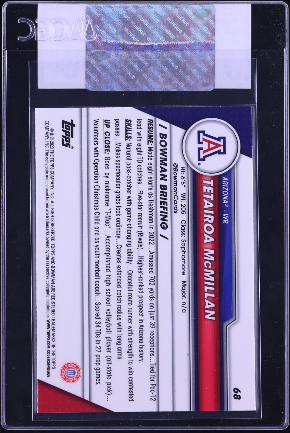 2023 Bowman Chrome University Pink Refractor Tetairoa McMillan RC #68 CGC AUTH