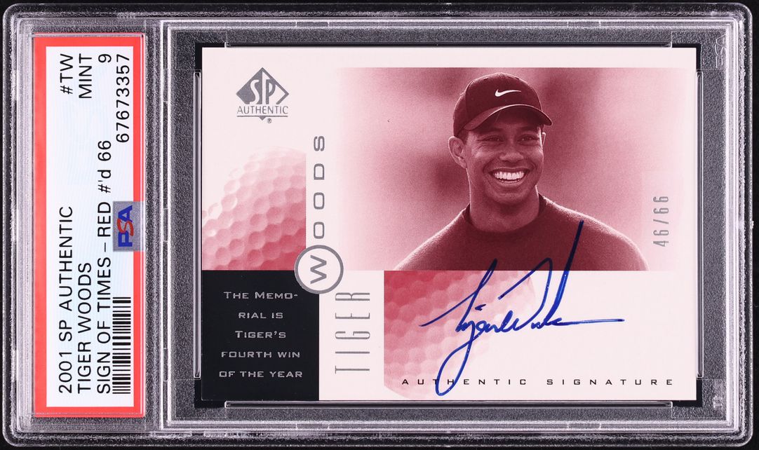 2001 SP Authentic Sign Of The Times Red Tiger Woods ROOKIE AUTO /66 #TW PSA 9 MINT