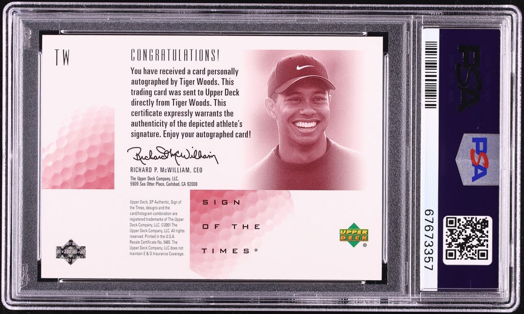2001 SP Authentic Sign Of The Times Red Tiger Woods ROOKIE AUTO /66 #TW PSA 9 MINT