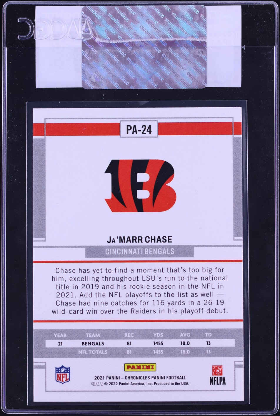 2021 Panini Chronicles Ja'Marr Chase ROOKIE #PA-24 CGC AUTH