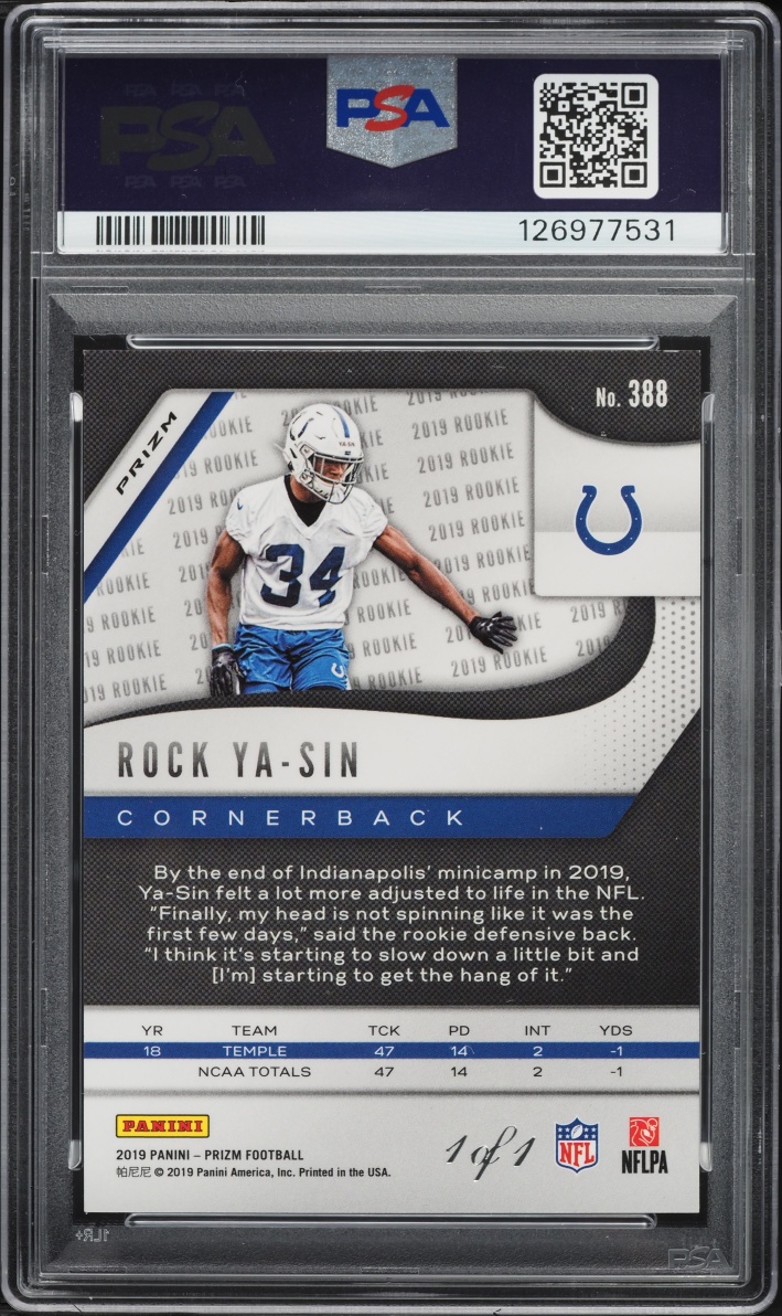 2019 Panini Prizm Black Finite Rock Ya-Sin ROOKIE 1/1 #388 PSA 9 MINT - Photo 2