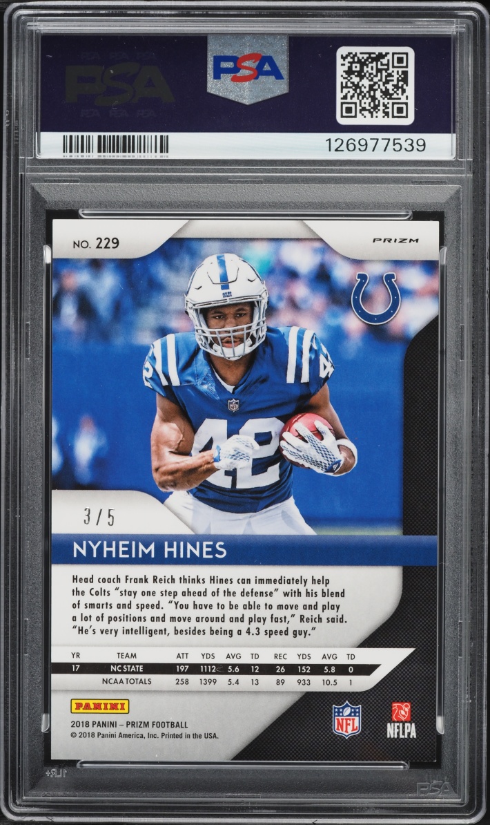 2018 Panini Prizm Gold Vinyl Nyheim Hines ROOKIE /5 #229 PSA 9 MINT - Photo 2