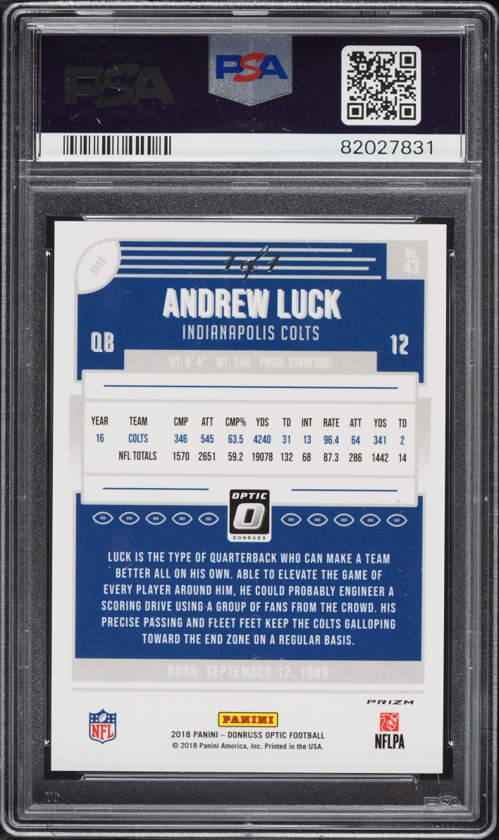 2018 Donruss Optic Gold Vinyl Andrew Luck 1/1 #43 PSA 10 GEM MINT - Photo 2