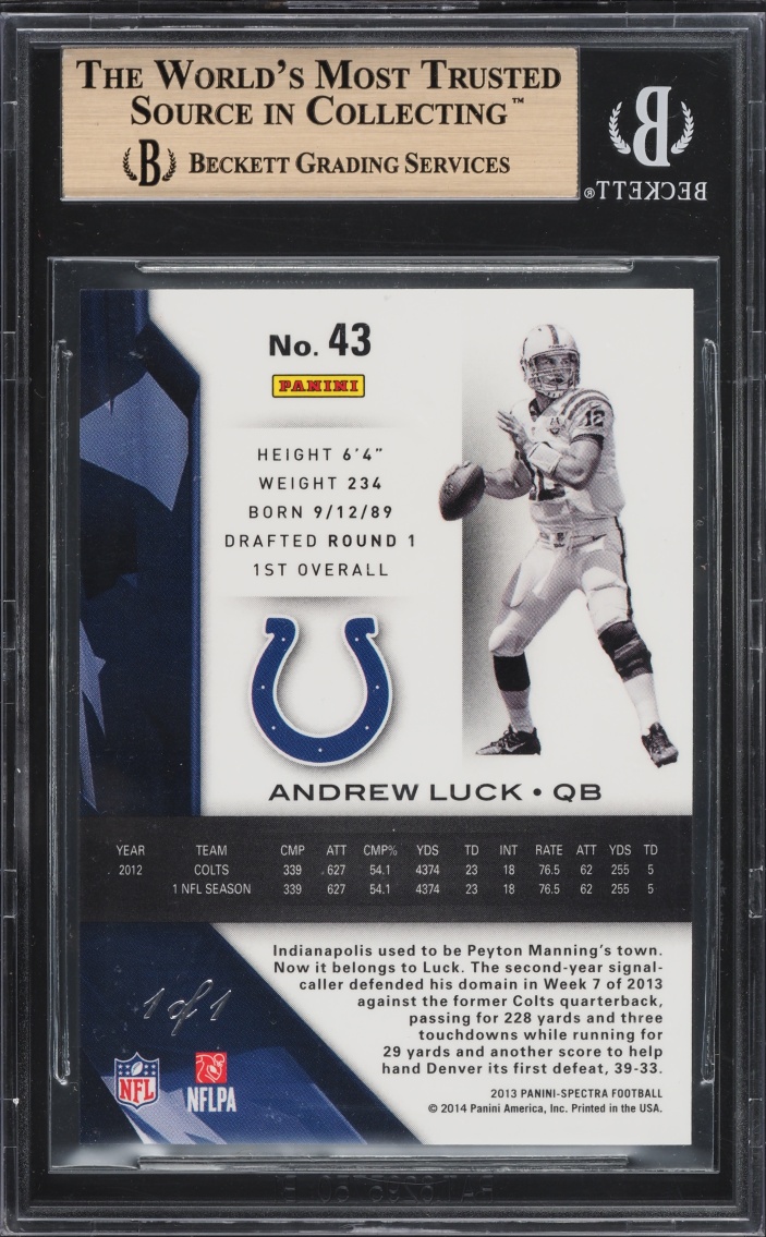 2013 Panini Spectra Black Atomic Andrew Luck 1/1 #43 BGS 9.5 GEM MINT - Photo 2