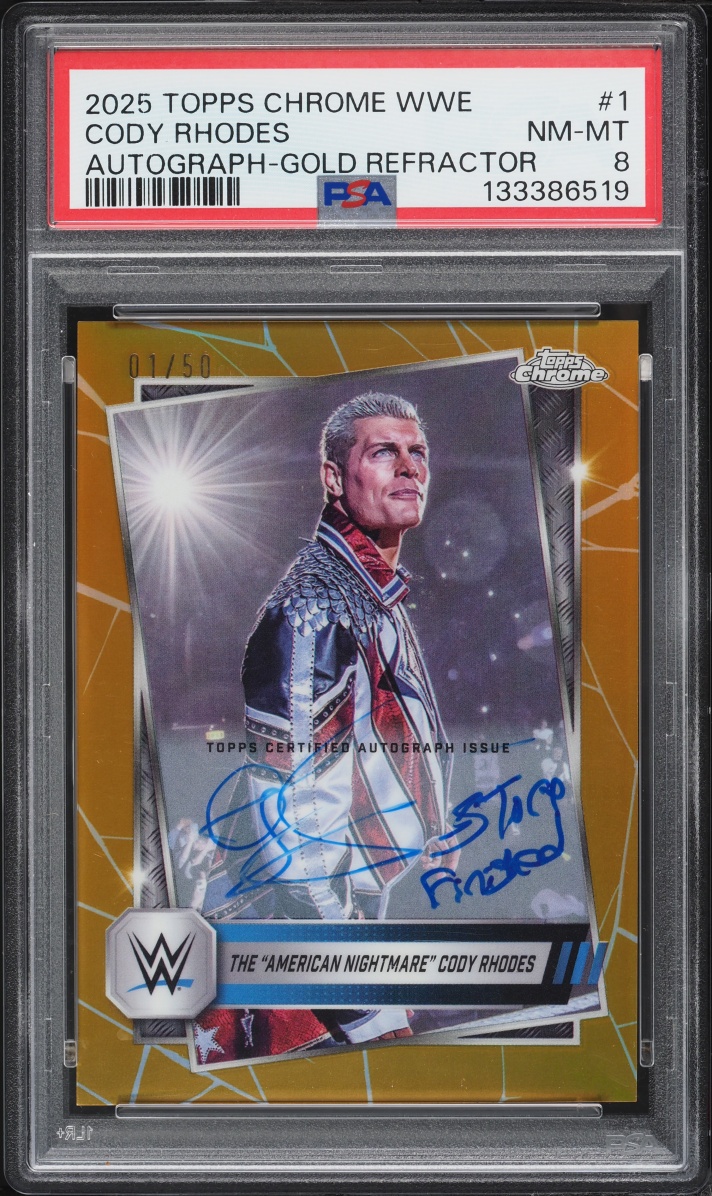 2025 Topps Chrome WWE Gold Refractor Cody Rhodes INSCRIPTION AUTO 1/50 #1 PSA 8 NM-MT