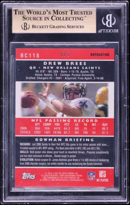 2007 Bowman Chrome Red Refractor Drew Brees 5/5 #BC118 BGS 9.5 GEM MINT - Photo 2