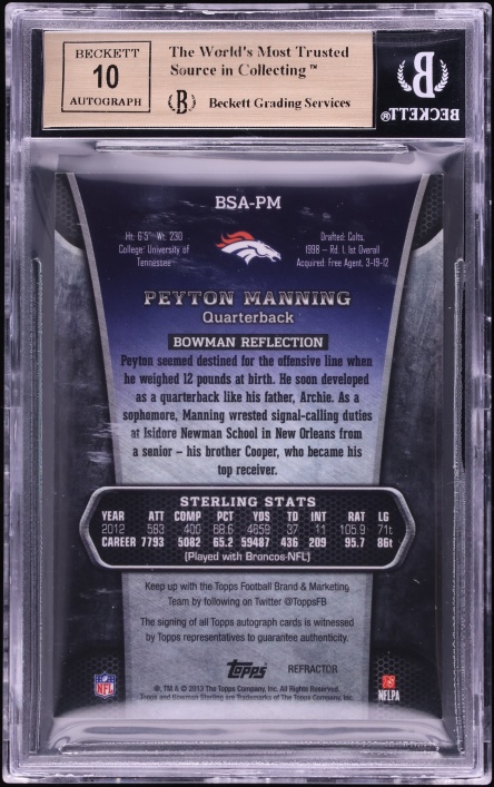 2013 Bowman Sterling Superfractor Peyton Manning AUTO 1/1 #BSA-PM BGS 9.5 GEM MINT - Photo 2