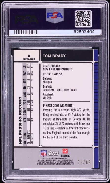 2007 Finest Black Refractor Tom Brady /99 #8 PSA 9 MINT - Photo 2