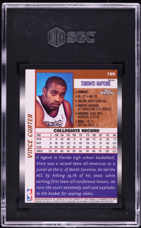1998 Topps Chrome Refractor Vince Carter ROOKIE #199 SGC 10 GEM MINT - Photo 2