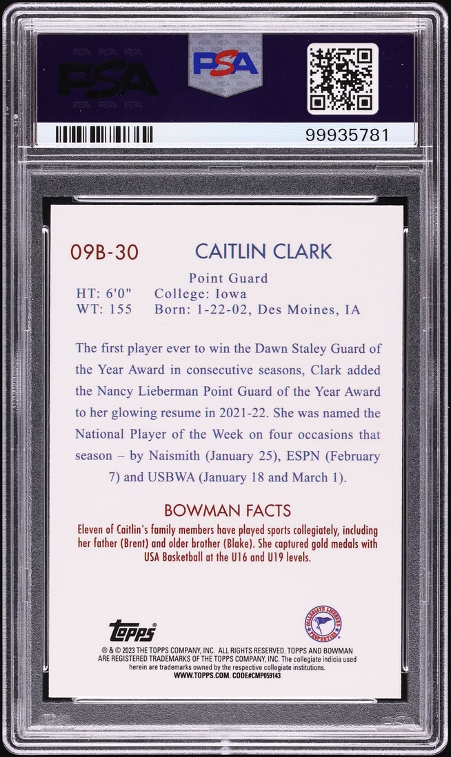 2022 Bowman University '09 Bowman Caitlin Clark ROOKIE #09B-30 PSA 10 GEM MINT