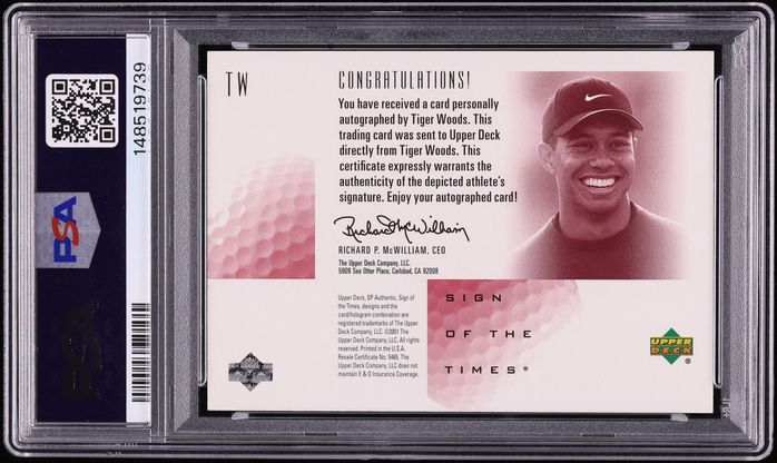 2001 SP Authentic Sign Of The Times Red Tiger Woods ROOKIE AUTO /66 #TW PSA 9 MINT