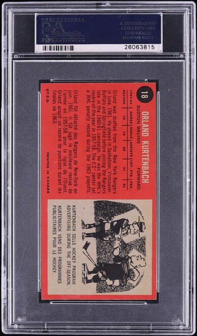 1964 Topps Hockey Orland Kurtenbach #18 PSA 8 NM-MT