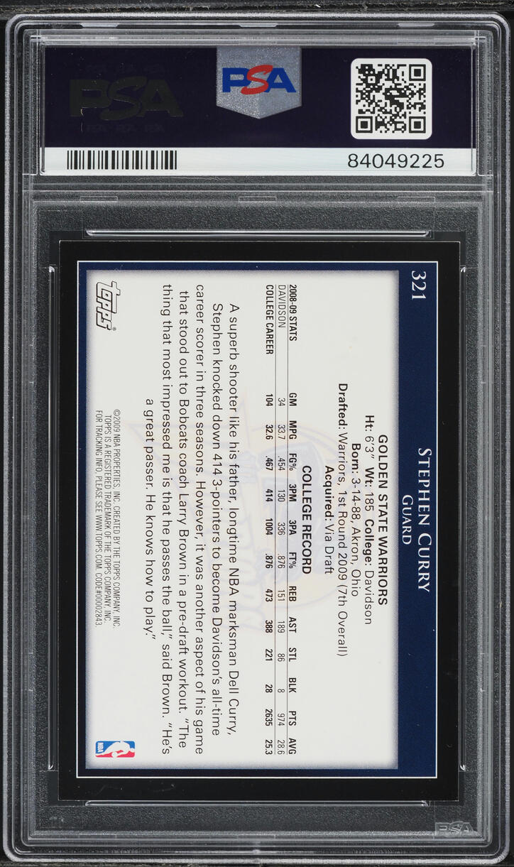 2009 Topps Basketball Stephen Curry ROOKIE #321 PSA 9 MINT