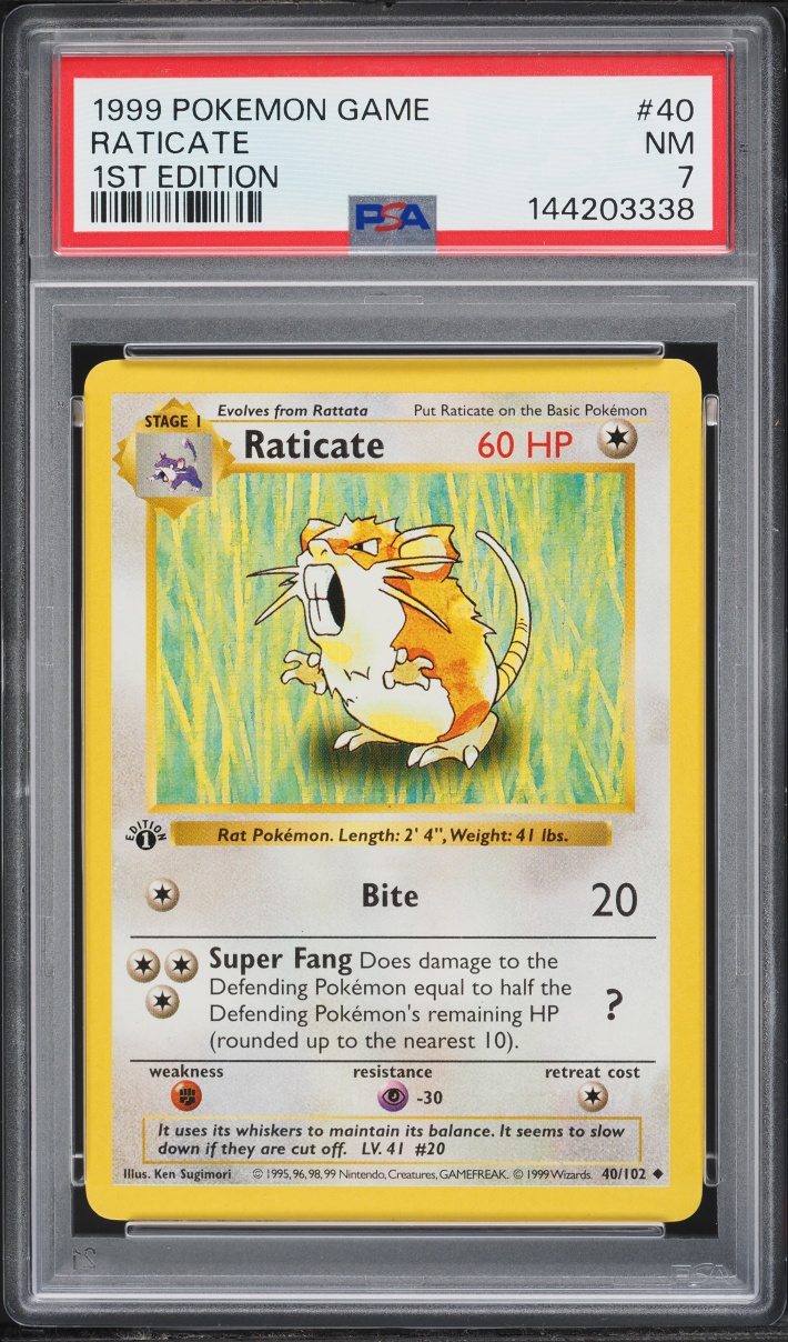 1999 Pokemon Base Set Holo Shadowless 1st Edition Raticate #40 PSA 7 NRMT