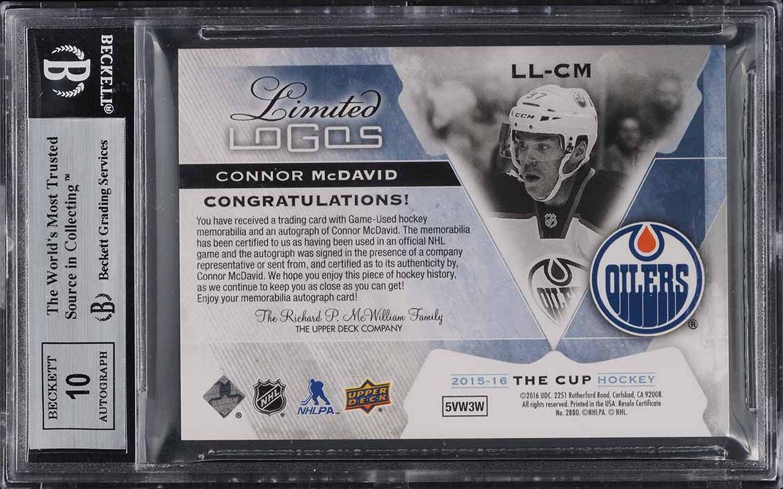 2015 UD The Cup Limited Logos Connor McDavid ROOKIE PATCH AUTO /50 BGS 9 MINT