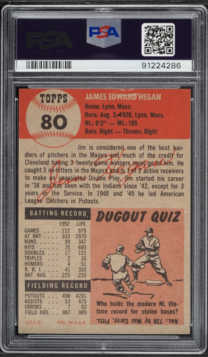 1953 Topps Jim Hegan #80 PSA 7 NRMT