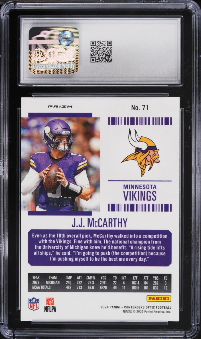 2024 Panini Contenders Optic Blue Prizm J.J. McCarthy ROOKIE /99 #71 CGC 8 NM-MT