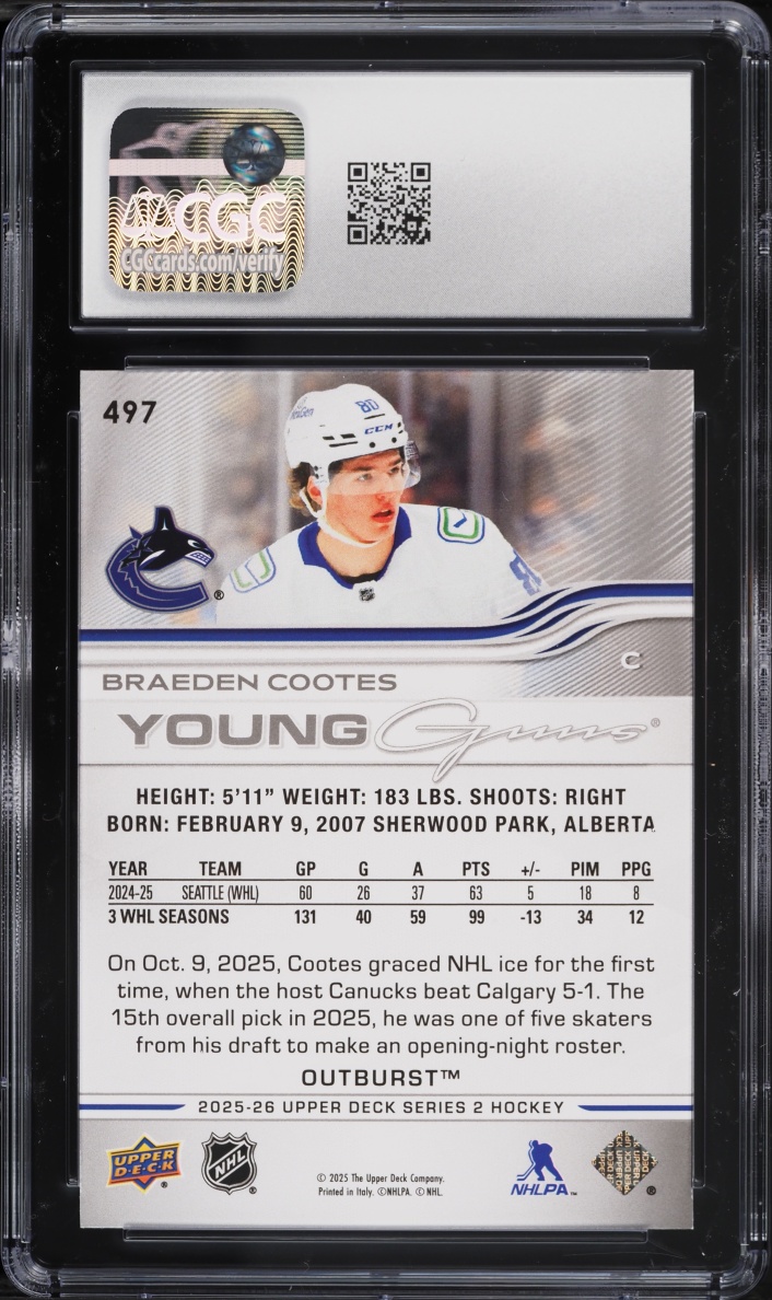 2025 Upper Deck Outburst Young Guns Braeden Cootes ROOKIE #497 CGC 9 MINT