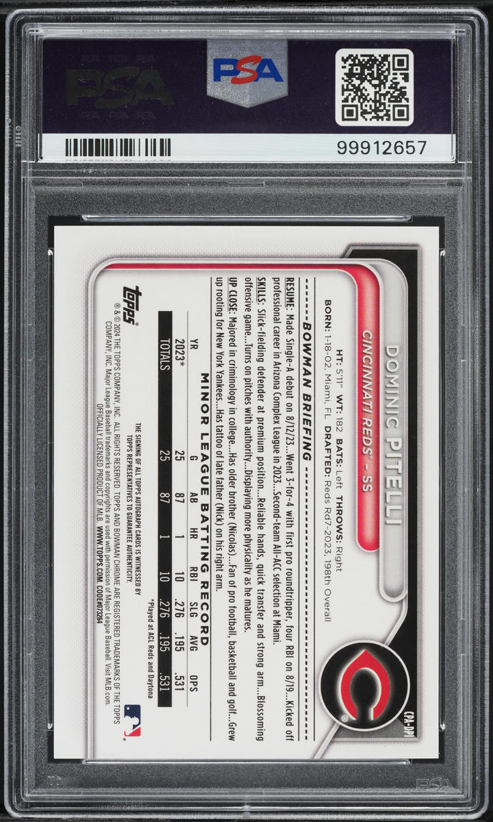 2024 Bowman Chrome Dominic Pitelli PROSPECT AUTO #CPA-DPI PSA 10 GEM MINT