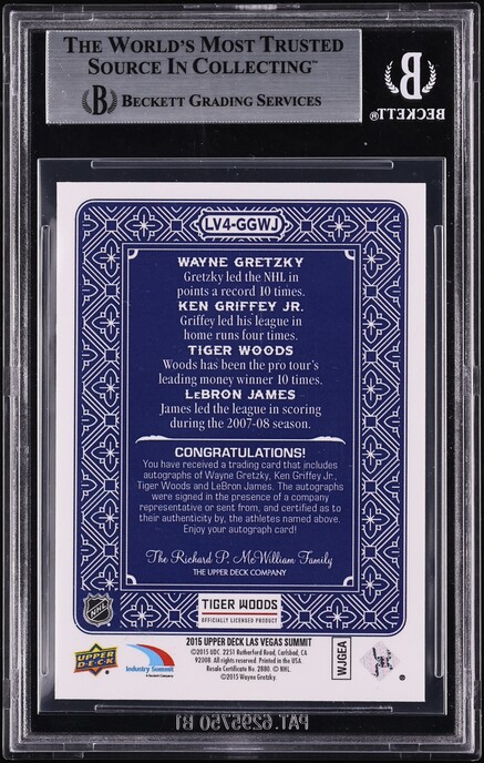 2015 Upper Deck Industry Summit Woods Wayne Gretzky Ken Griffey Jr. LeBron James AUTO /2 BGS 9