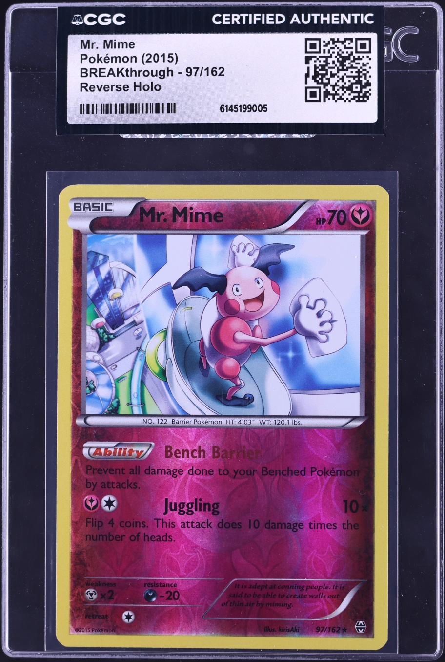 2015 Pokemon XY BREAKthrough Reverse Holo Mr. Mime #97 CGC AUTH