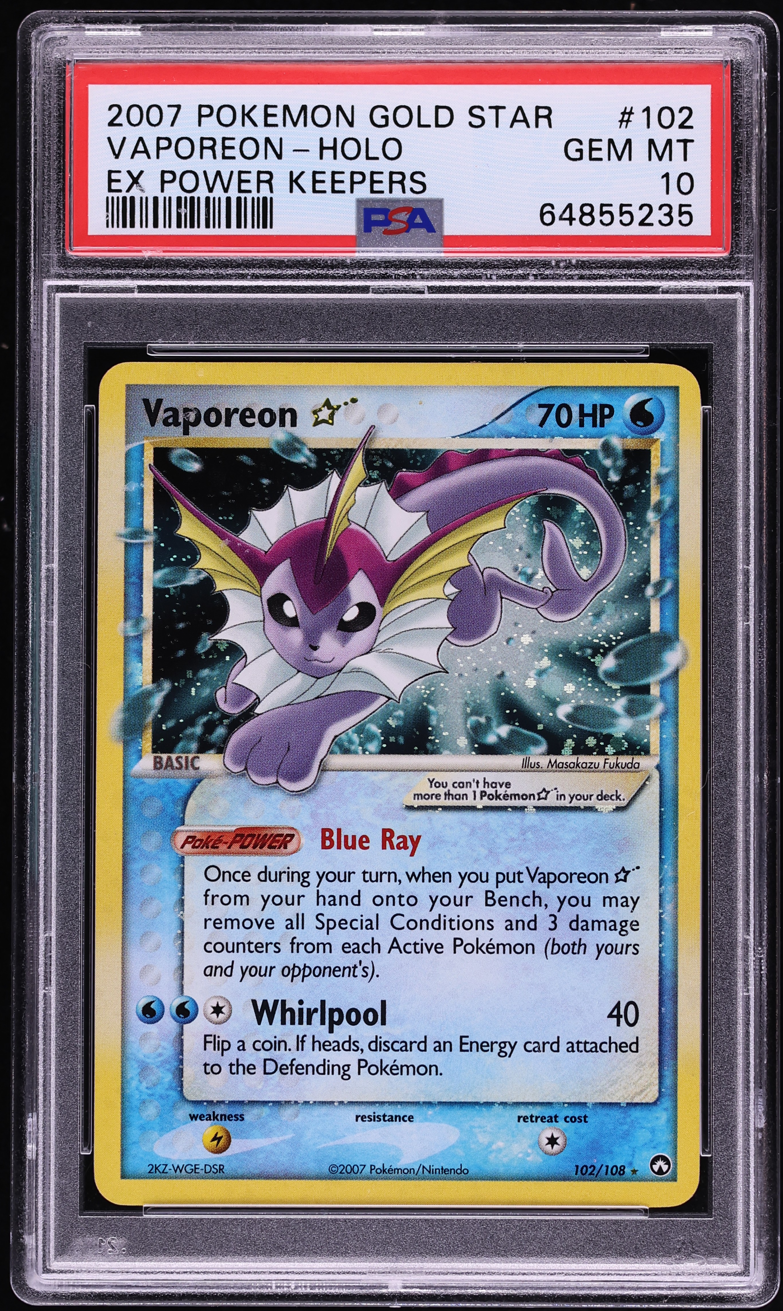 2007 Pokemon EX Power Keepers Holo Vaporeon Gold Star #102 PSA 10 GEM MINT