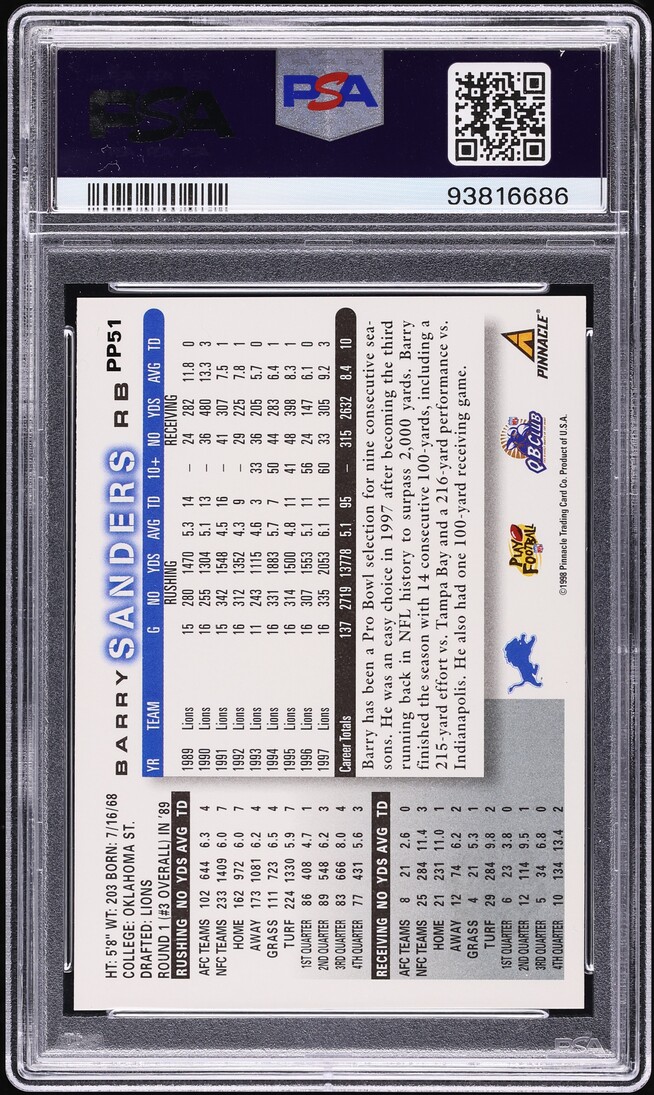 1998 Score Pre-Production Artist's Proof Barry Sanders #PP51 PSA 9 MINT - Photo 2